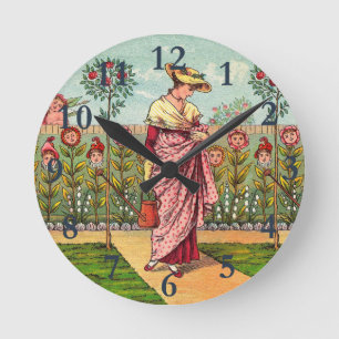 Garten wächst Blumen Frau Kunst Antiquität Runde Wanduhr