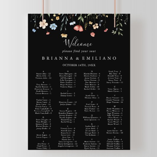 Garten-Wildblume Schwarzes Alphabetisches Sitzplan Poster