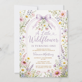 Garten-Wildblumen-Rand lila Mädchen 1. Geburtstag Einladung