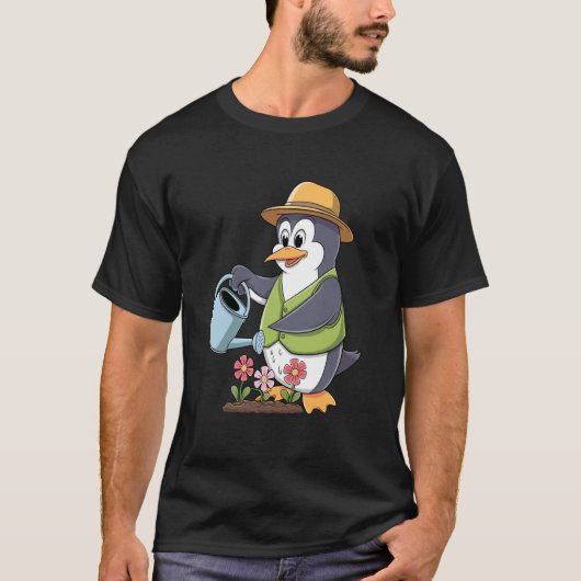 Gartenarbeit Gärtner Pinguin mit Gießkanne T-Shirt (Vorderseite)