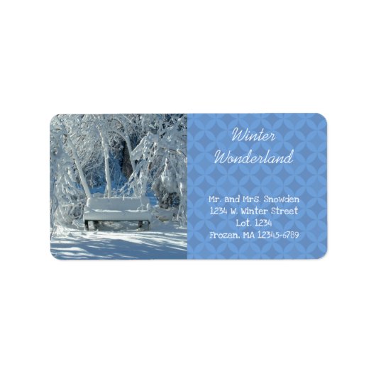 Gartenbank im Schnee / Blaues Muster / Winter / Adressaufkleber (Vorne)