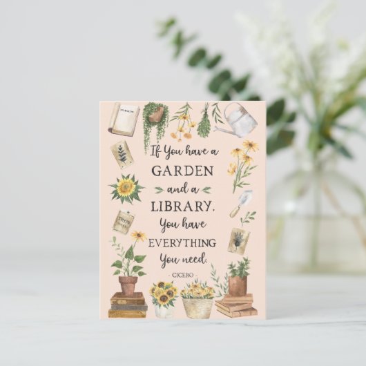 Gartenbau und Bibliothek Zitat Sonnenblumen und Kr Postkarte (Stehend Vorderseite)