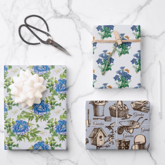 Gartenblaue Geschenkpapier Flachblatt-Set aus 3 Set (Vorderseite)