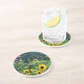 Gartenblick - Sonnenblumen, Gänseblumen, Kosmos Sandstein Untersetzer (Seite)