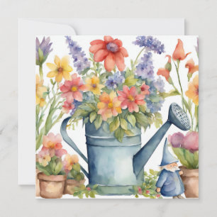 Gartenblumen und Gießkanne Wasserfarben  Karte