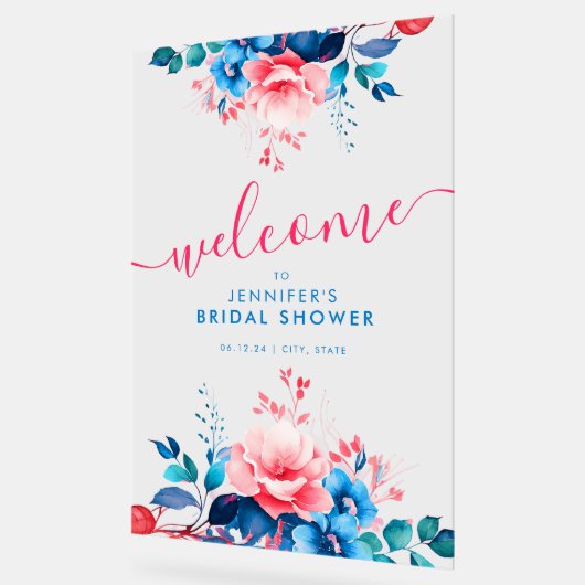 Gartenblumengarten Brautparty Willkommen Blau Rosa Acrylschild (Winkel)