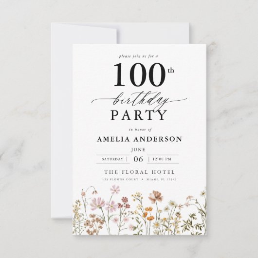 Gartenblumenkalligraphie 100. Geburtstag Einladung (Vorderseite)