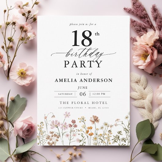 Gartenblumenkalligraphie 18. Geburtstag Einladung