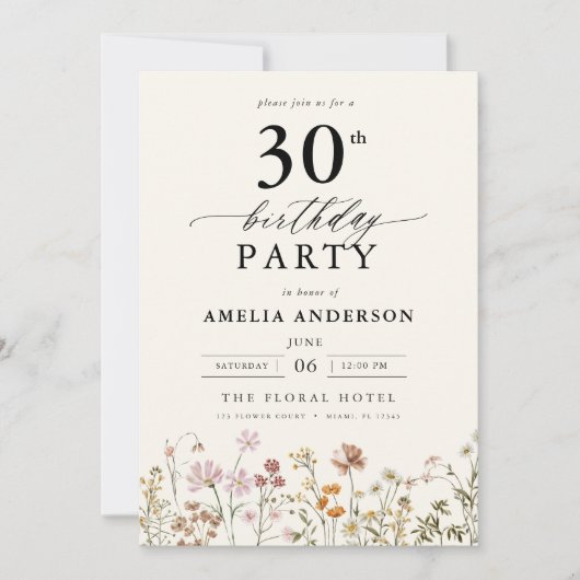 Gartenblumenkalligraphie 30. Geburtstag Einladung (Vorderseite)