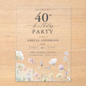 Gartenblumenkalligraphie 40. Geburtstag Acryleinladungen (Vorderseite)