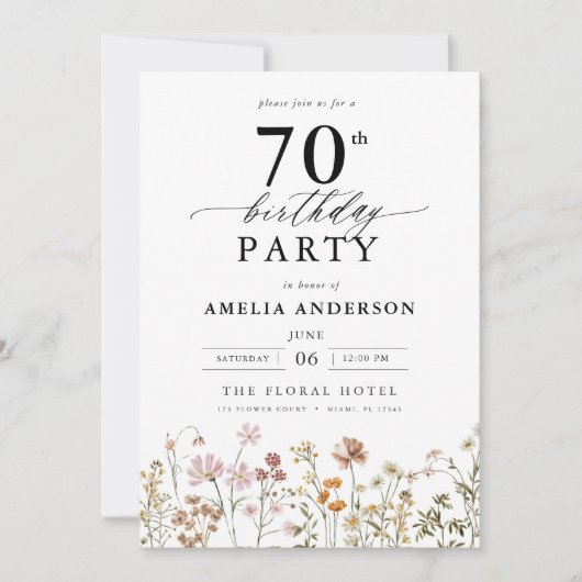 Gartenblumenkalligraphie 70. Geburtstag Einladung (Vorderseite)