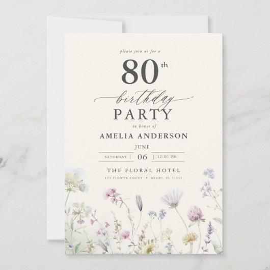 Gartenblumenkalligraphie 80. Geburtstag Einladung (Vorderseite)