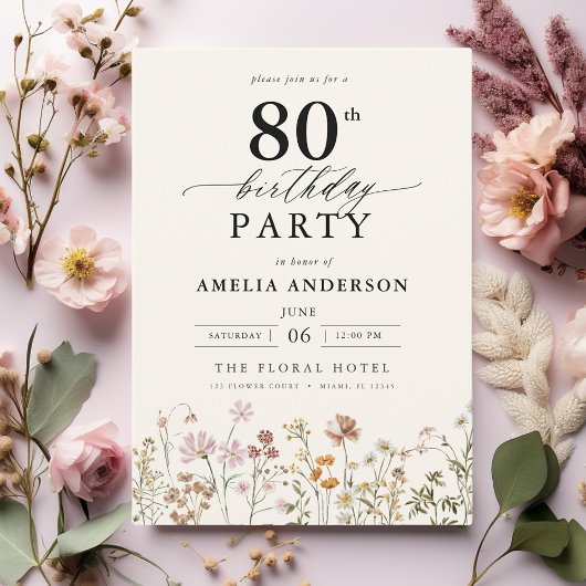 Gartenblumenkalligraphie 80. Geburtstag Einladung