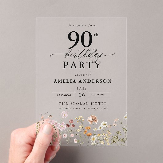 Gartenblumenkalligraphie 90. Geburtstag Acryleinladungen (Insitu (Handheld))