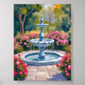Gartenbrunnen Blumenmalerei Aquarellkunst Poster (Vorne)