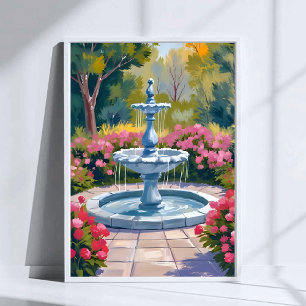 Gartenbrunnen Blumenmalerei Aquarellkunst Poster
