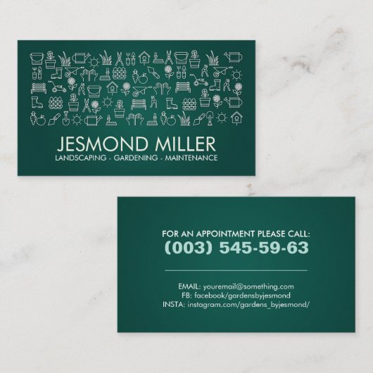 Gartendienstleistungen - weiße Symbole für Smaragd Visitenkarte (Vorne/Hinten)