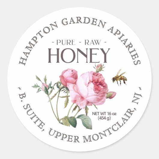 Gartengarten Rose mit Honigbienen-Honig-Jar-Label Runder Aufkleber (Vorderseite)