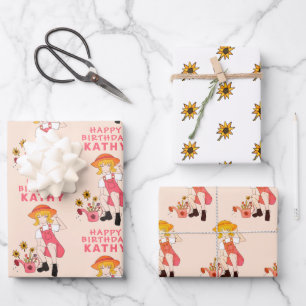 Gartengirl mit Sonnenblumen Alles Gute zum Geburts Geschenkpapier Set
