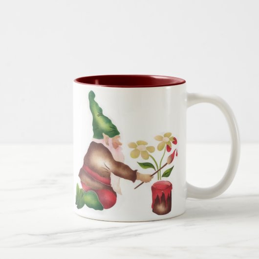 Gartengnome-Malerei-Blumen Zweifarbige Tasse (Rechts)