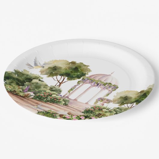 Gartengrill mit Blume und Pflanze Pappteller (Schrägansicht)