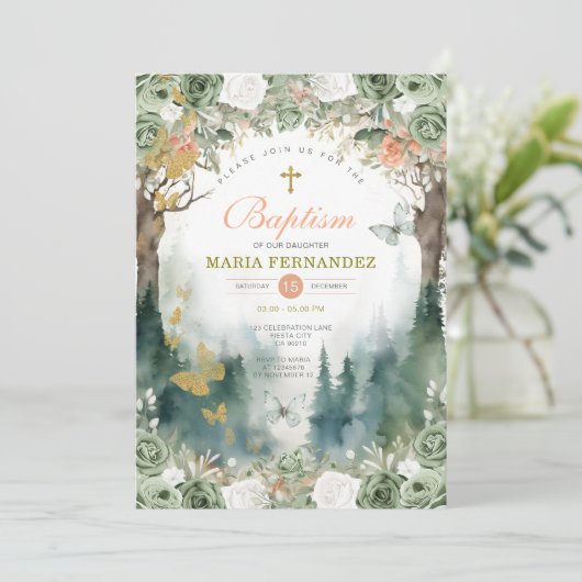 Gartengrüne Blume Taufe Einladung (Stehend Vorderseite)