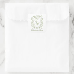 Gartenhochzeit Sage Grün Monogramm-Wappen-Aufklebe Quadratischer Aufkleber
