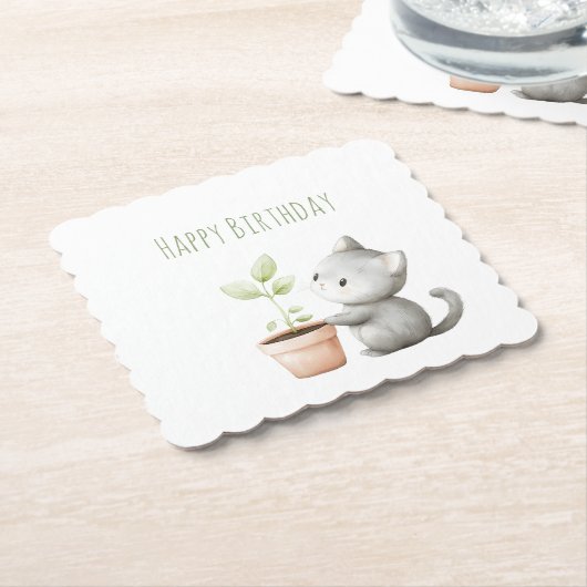 Gartenkatze mit Pflanzen-Geburtstag Untersetzer (angewinkelt)