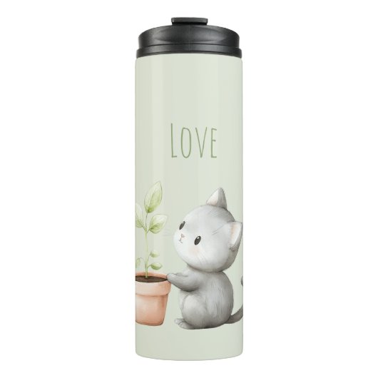 Gartenkatze mit Pflanzenliebe  Thermosbecher (Vorderseite)