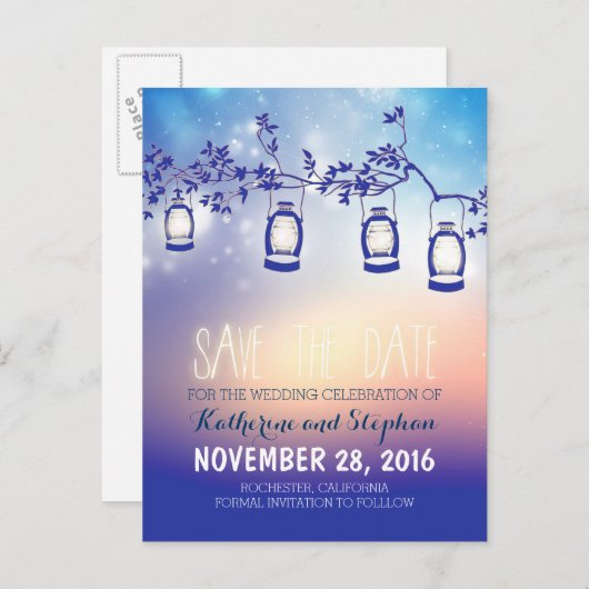 Gartenleuchten - Laternen rustikal Save the Date Ankündigungspostkarte (Vorne/Hinten)
