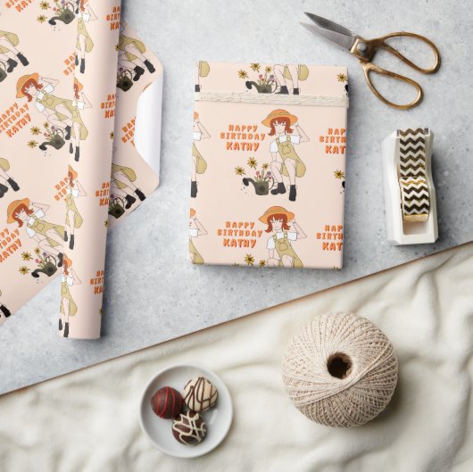 Gartenmädchen mit Sonnenblumen Happy Birthday Geschenkpapier (Kunsthandwerk)