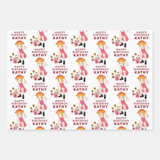 Gartenmädchen mit Sonnenblumen Happy Birthday Geschenkpapier Set (Vorderseite)