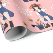 Gartenmädchen Sonnenblumen Blume Happy Geburtstag Geschenkpapier (Rolleneckpunkt)