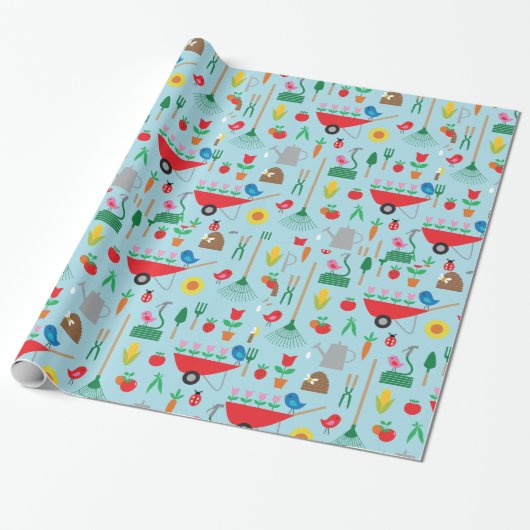 Gartenmuster Frühlingsblumen und Gartengeräte Geschenkpapier (Ungerollt)
