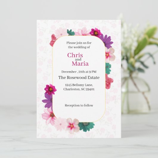 Gartenromantik: Hochzeit mit hellrosa Blumen Einladung (Stehend Vorderseite)