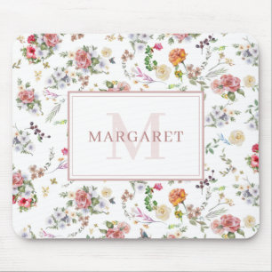 Gartenrose Pink Floral Wasserfarbe Monogramm Mousepad