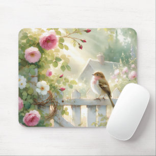 Gartenrose Vogel Aquarell Szene Mousepad