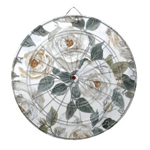 Gartenrosen   Weiße Wasserfarbe Floral Vintage Dartscheibe