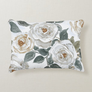 Gartenrosen   Weiße Wasserfarbe Floral Vintage Dekokissen