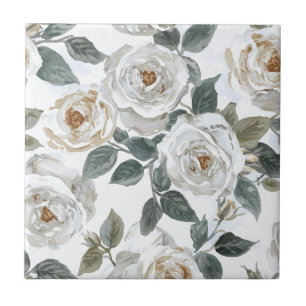 Gartenrosen   Weiße Wasserfarbe Floral Vintage Fliese
