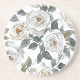 Gartenrosen | Weiße Wasserfarbe Floral Vintage Getränkeuntersetzer