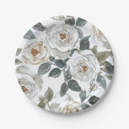Gartenrosen | Weiße Wasserfarbe Floral Vintage Pappteller