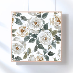 Gartenrosen Weiße Wasserfarbe Floral Vintage Poster