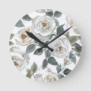 Gartenrosen   Weiße Wasserfarbe Floral Vintage Runde Wanduhr
