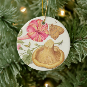 Gartenszene mit Blumen, Schmetterling und Pilz Keramik Ornament