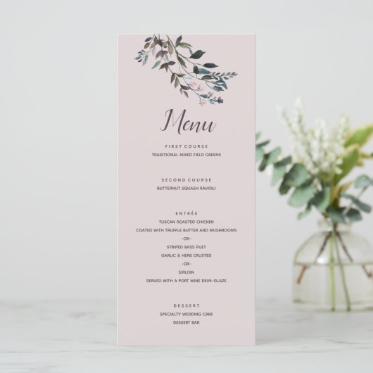 GartenWappen | Mauve Lila Floral Wedding Script Menükarte (Stehend Vorderseite)