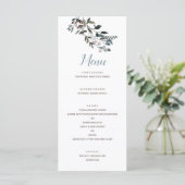 GartenWappen | White Blue Floral Wedding Script Menükarte (Stehend Vorderseite)