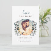 GartenWappen | White Blue Wedding Floral Foto Save The Date (Stehend Vorderseite)