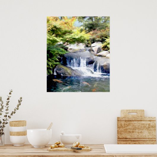 Gartenwasserfall mit Koi Teich Poster (Küche)