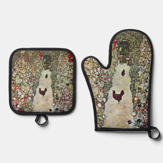 Gartenweg mit Hühnern, Gustav Klimt, Jugendstil Ofenhandschuh & Topflappen-Set (Vorderseite)